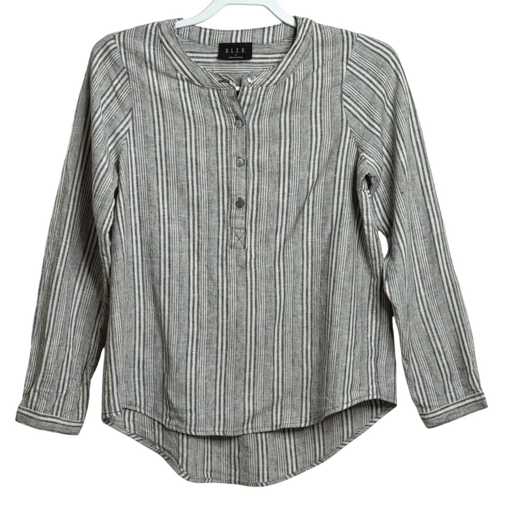 B.L.E.U. Striped Henley Blouse Long Sleeve Casual Grey Womens Small
